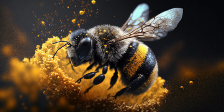 Close up of a bumble bee with yellow flower pollen explosion. Generative aiの素材