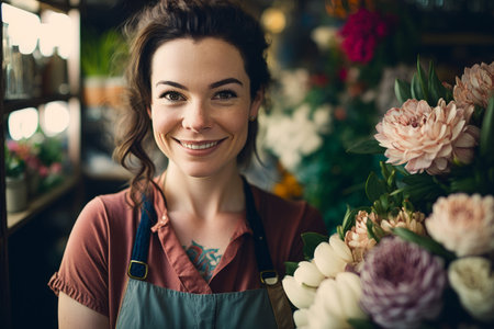 Confident young small business owner in a florist shop wearing apron looking at camera. Generative aiの素材