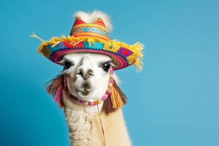 A portrait of a Llama wearing a colourful traditional hat. Generative aiの素材