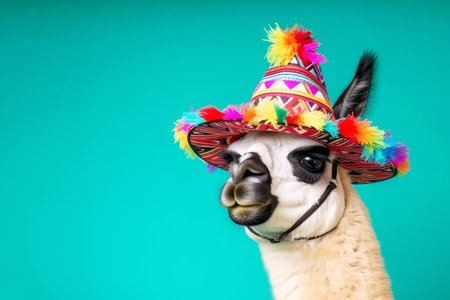 A portrait of a Llama wearing a colourful traditional hat. Generative aiの素材