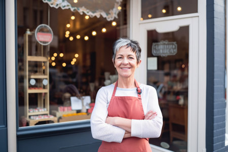 A small business owner wearing an apron stood outside their shop. Generative aiの素材