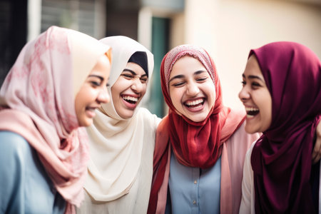 A group of young muslim women wearing headscarves having fun together. Generative aiの素材