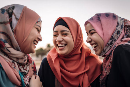 A group of young muslim women wearing headscarves having fun together. Generative aiの素材