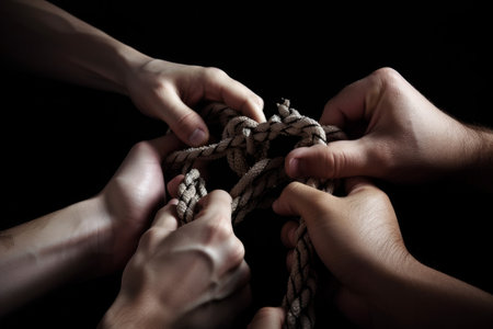 Many peoples hands working together to untangle a knotted rope. Business teamwork. Generative aiの素材