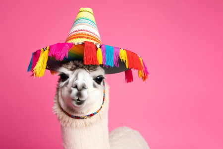 A portrait of a Llama wearing a colourful traditional hat. Generative aiの素材
