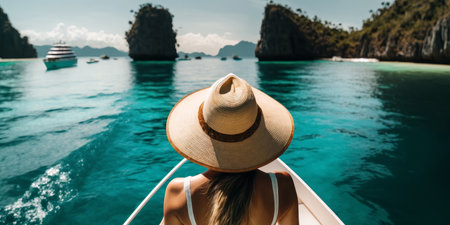 view from behind woman relaxing on a luxury boat on a tropical vacation. Generative aiの素材