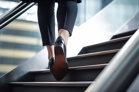 Close up of business womans feet walking up a set of stairs to reach their goals. Generative aiの素材