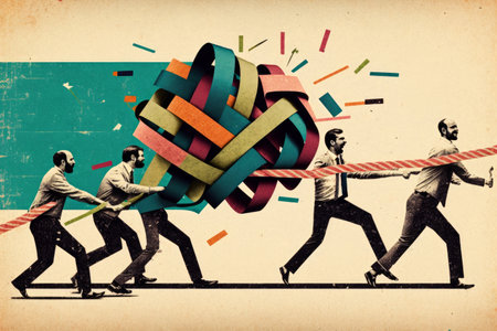 An abstract group of people working together to untangle a rope problem. Generative aiの素材