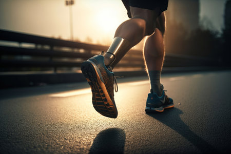 Close up of a disabled person with a prosthetic leg exercising on a sports track. Generative aiの素材