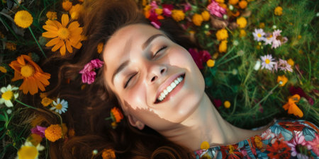 young pretty woman laying down in a field full of spring flowers. Generative aiの素材