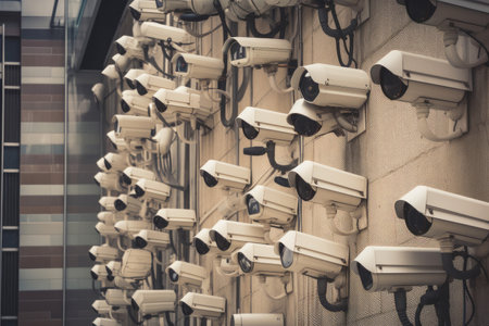 Lots of cctv security cameras monitoring a city. Generative aiの素材