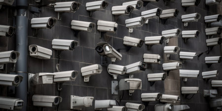 Lots of cctv security cameras monitoring a city. Generative aiの素材