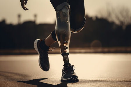 Close up of a disabled person with a prosthetic leg exercising on a sports track. Generative aiの素材