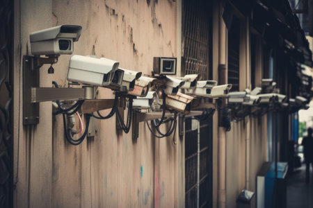 Lots of cctv security cameras monitoring a city. Generative aiの素材