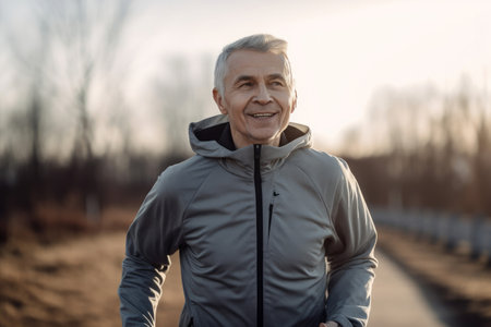 senior male with grey hair keeping fit by jogging in a park. Generative aiの素材