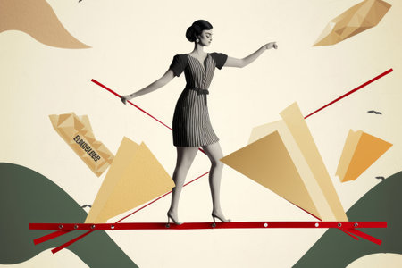 Concept of a business woman balancing on a tightrope. Generative aiの素材