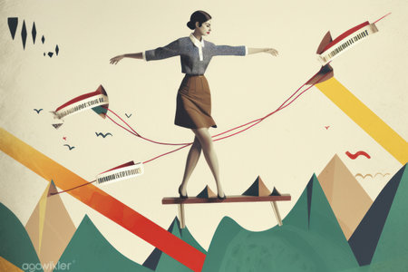 Concept of a business woman balancing on a tightrope. Generative aiの素材