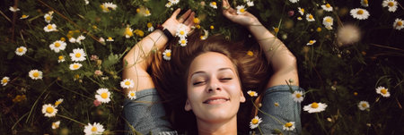 young pretty woman laying down in a field full of spring flowers. Generative aiの素材