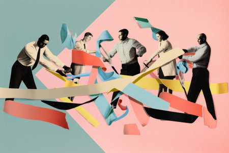 An abstract group of people working together to untangle a rope problem. Generative aiの素材