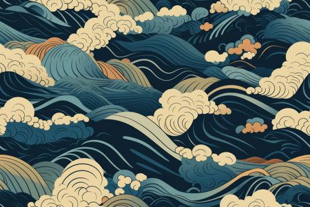 A vintage style japanese crashing wave background. Seamless pattern. Generative aiの素材