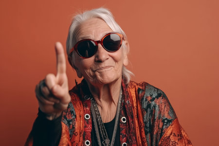 Portrait of a cool trendy old woman wearing fashionable clothes and sunglasses. Generative aiの素材