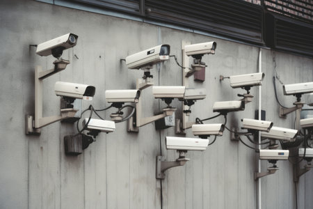 Lots of cctv security cameras monitoring a city. Generative aiの素材
