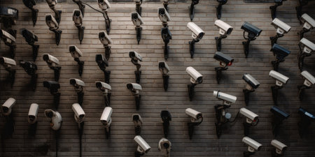 Lots of cctv security cameras monitoring a city. Generative aiの素材