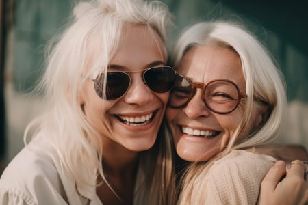 Young woman with older mother cuddling together. Mothers day. Generative aiの素材