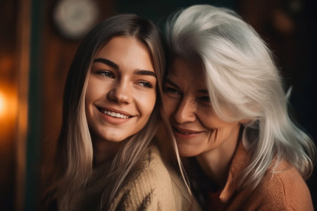 Young woman with older mother cuddling together. Mothers day. Generative aiの素材