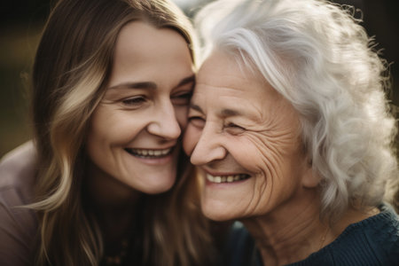 Young woman with older mother cuddling together. Mothers day. Generative aiの素材