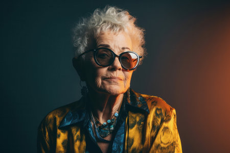 Portrait of a cool trendy old woman wearing fashionable clothes and sunglasses. Generative aiの素材