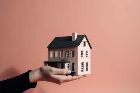 A woman holding a small model house in her hands. Real estate and insurance concept. Generative aiの素材