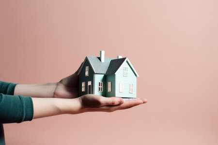A woman holding a small model house in her hands. Real estate and insurance concept. Generative aiの素材