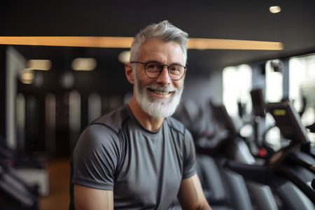 Portrait of a senior male with grey hair stood in a gym. Generative aiの素材