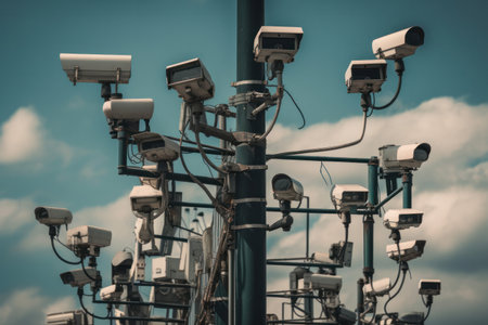 Lots of cctv security cameras monitoring a city. Generative aiの素材