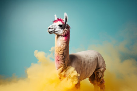 Portrait of a llama with a colourful smoke cloud. Abstract creative animal. Generative aiの素材