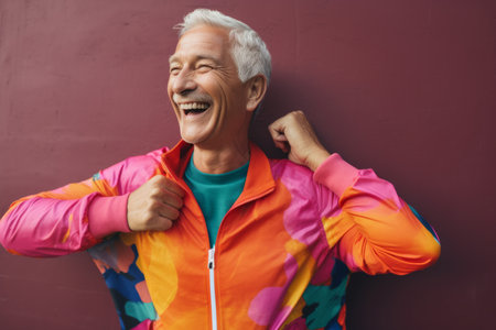 A happy older man doing stretching exercise outdoors. Generative aiの素材