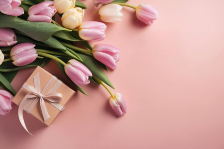 beautiful bouquet of spring tulip flowers with a gift box on a pink background. Generative aiの素材