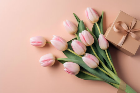 beautiful bouquet of spring tulip flowers with a gift box on a pink background. Generative aiの素材