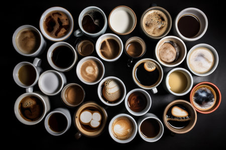 Overhead top view of lots of different cups of coffee. Generative aiの素材