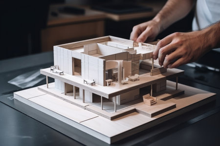 Close up of an architect or engineer making a model house. Generative aiの素材