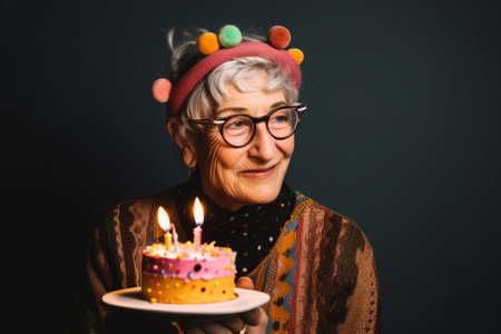 Portrait of a happy senior woman celebrating a birthday with a cake. Generative aiの素材
