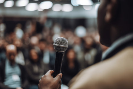 A microphone in front of a conference seminar audience. Generative aiの素材