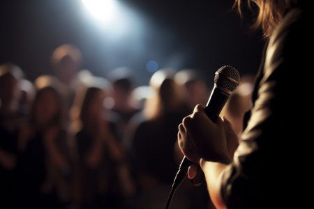 A microphone in front of an audience. Comedy music and theater live performance. Generative aiの素材