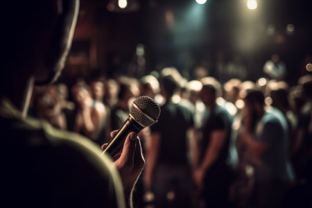 A microphone in front of an audience. Comedy music and theater live performance. Generative aiの素材