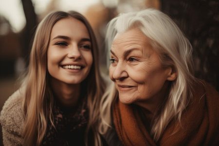 Young woman with older mother cuddling together. Mothers day. Generative aiの素材