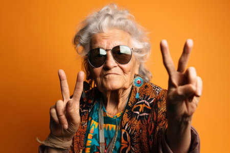 Portrait of a cool trendy old woman wearing fashionable clothes and sunglasses. Generative aiの素材