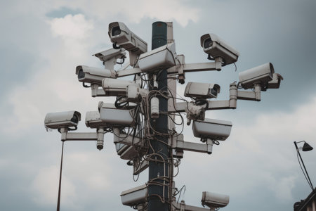 Lots of cctv security cameras monitoring a city. Generative aiの素材