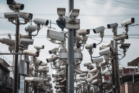 Lots of cctv security cameras monitoring a city. Generative aiの素材