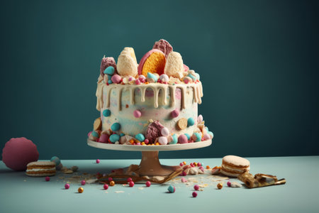 Brightly coloured birthday cake with frosting and iced decorations on a cake stand. Generative aiの素材